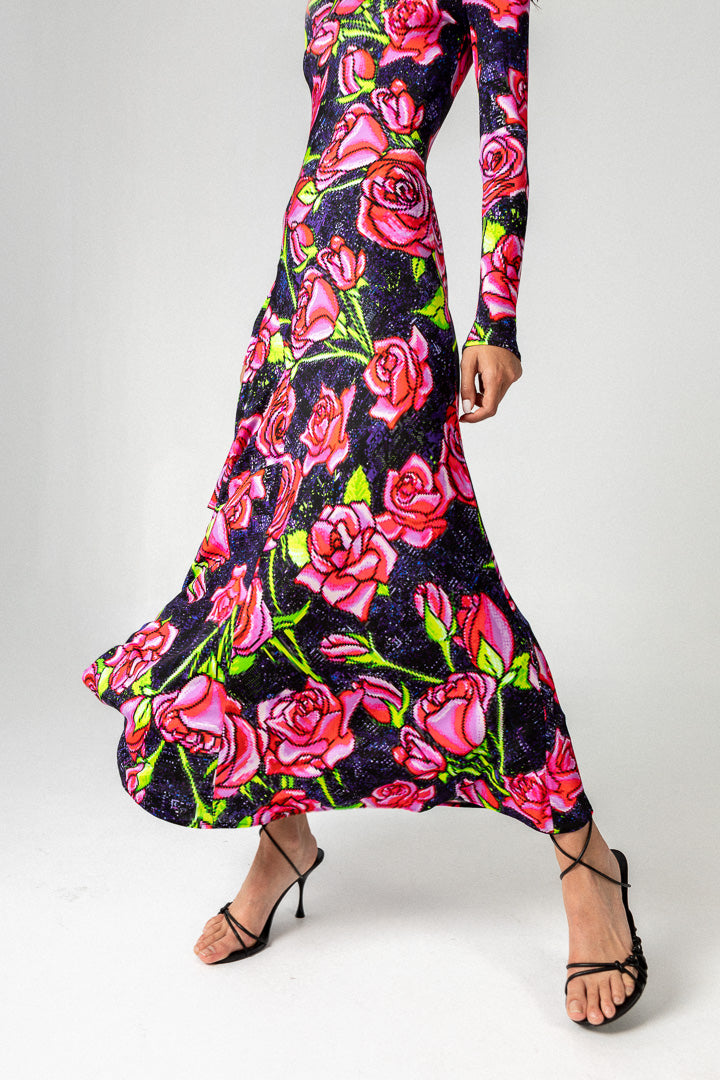 VESTIDO LARGO VOLANTE PIXEL ROSES