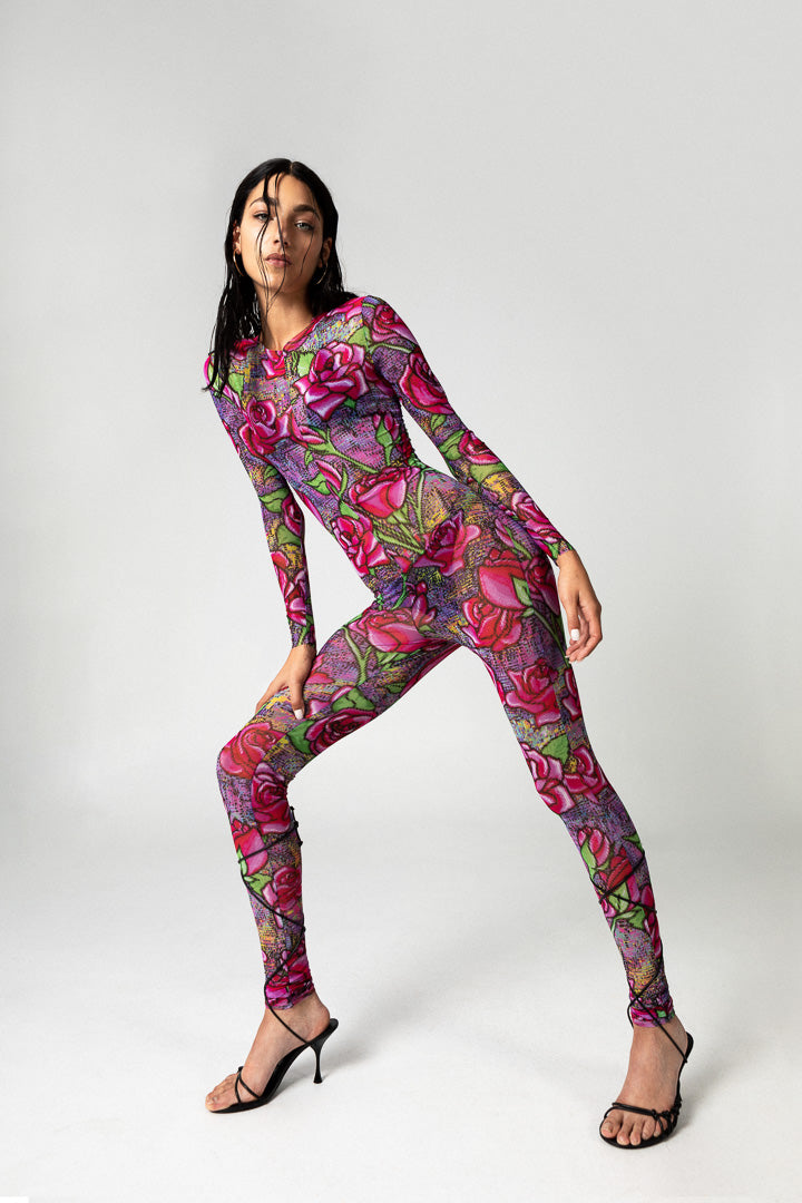 PIXEL ROSES MESH JUMPSUIT