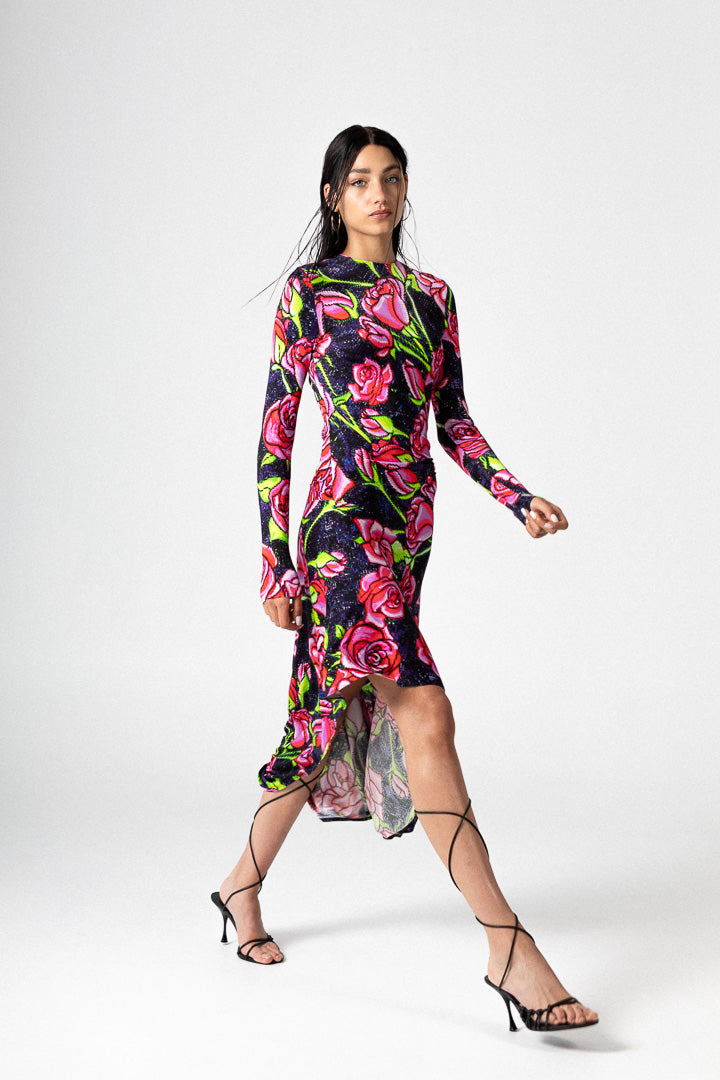 VESTIDO LARGO VOLANTE PIXEL ROSES
