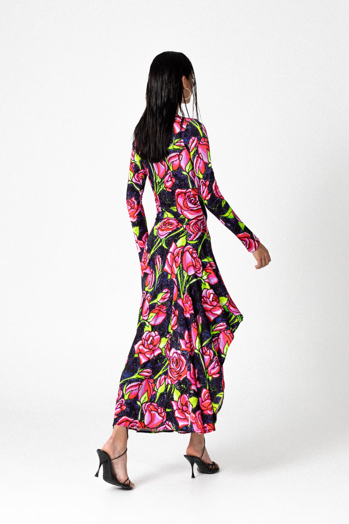 VESTIDO LARGO VOLANTE PIXEL ROSES