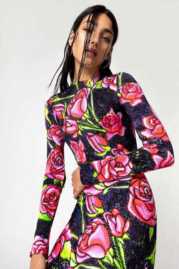 VESTIDO LARGO VOLANTE PIXEL ROSES