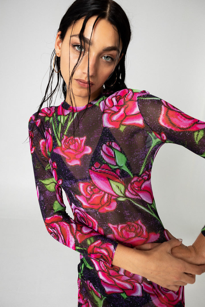 VESTIDO TUL STRETCH PIXEL ROSES